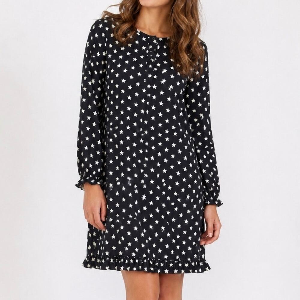 J Crew Collection Silk Shift Dress Black White Star Print Long Sleeve Preppy